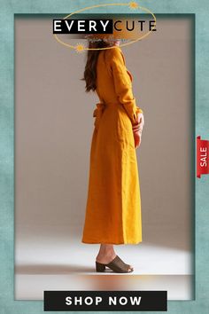 Linen Lapel Collar Wrap Dress Elegant Long Sleeve Long Dress For Summer, Belted Long Sleeve Dress For Spring Formal, Spring Formal Belted Long Sleeve Dress, Spring Formal Long Sleeve Belted Dress, Fitted Belted Long Sleeve Dress For Spring, Formal Long Sleeve Maxi Dress For Summer, Fitted Long Sleeve Summer Dress For Work, Chic Long Shift Dress, Formal Yellow Dress For Fall