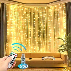 a person holding a remote control in front of a living room decorated with christmas lights