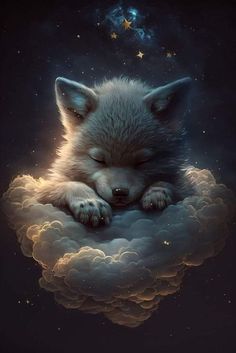 a baby fox sleeping on top of a cloud