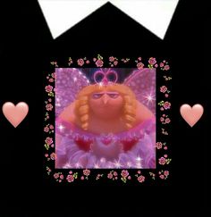 an image of a pink fairy with hearts around her eyes and wings in front of a black background