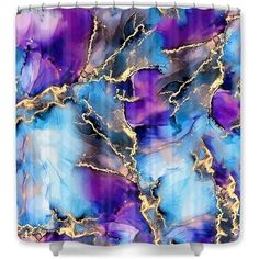 a shower curtain with purple and blue marble