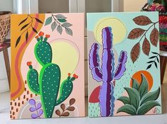 three colorful cactus paintings on canvases sitting next to each other