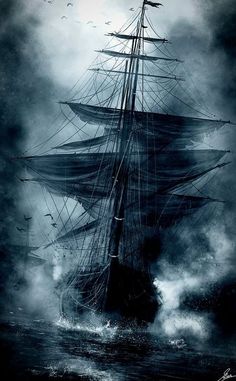 an old ship sailing in the ocean on a stormy day with seagulls flying around