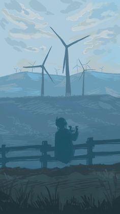 a person sitting on a bench looking at windmills in the distance with wind mills behind them