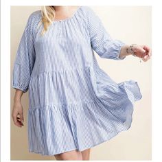 Roomy Dress Plus Size Stripe With 3/4 Sleeve Tiered Dress 100% Cotton Blue 3/4 Sleeve Dress For Day Out, Ribbed Sweater Dress, Midi Slip Dress, Spring Floral Dress, Sequin Cocktail Dress, Flounced Dress, Dresses Xxl, Black White Dress, Printed Wrap Dresses