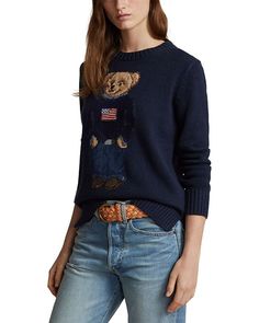 Ralph Lauren Polo Bear Crewneck Sweater Women - Bloomingdale's Teddy Bear Sweater, Ralph Lauren Polo Bear, Ralph Lauren Womens Clothing, Bear Sweater, Polo Ralph Lauren Sweater, Polo Ralph Lauren Women, Linen Sweater, Pullover Outfit, Americana Fashion