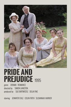 the poster for pride and prejuce, featuring five women in period dresses sitting on grass