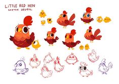 a bunch of little red hens are drawn in different colors and shapes, including one with big eyes