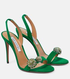 Love Bubble Embellished Suede Sandals in Green - Aquazzura | Mytheresa Bubble Sandals, Farfetch Shoes, Hoco Shoes, Aquazzura Heels, Shoes 2022, Shoes Heels Classy, Embellished Sandals, Evening Shoes, Dress Shoe