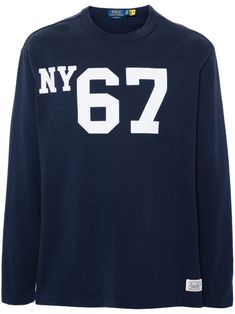 navy blue/white cotton jersey texture logo patch to the front letter and number patches to the front crew neck long sleeves straight hem