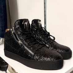 Mens Giuseppe Zanotti Glitter Hi-Top Sneakers. Size 46 (13) Retail $795. Absolutely 100% With Box. Authentic Guaranteed! Only Worn Once. Sequin/Leather Upper, Round Toe, Lace-Up Leather Sneakers With Glitter Accents For Streetwear, Designer Round Toe Sneakers For Party, Designer Party Sneakers With Round Toe, Designer Black Party Sneakers, Designer Low-top Sneakers For Party, Luxury High-top Sneakers For Party, Luxury High-top Party Sneakers, Leather Party Sneakers With Round Toe, Designer Leather Party Sneakers