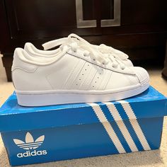 Nwt White Adidas Superstars Super Star Adidas, Adidas Super, Adidas Superstars, Adidas White, Super Star, Shoes Adidas, White Adidas, All White, Mens Shoes Sneakers