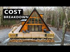 a frame house with the words cost breakdown over it and an image of a cabin in the woods