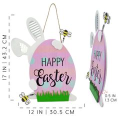 two wooden signs with the words happy easter and a bee on them, one is hanging from