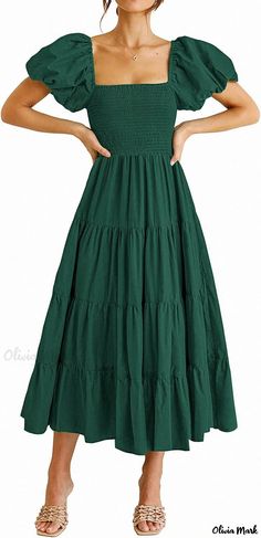 Olivia Mark - Square Neck Open Back Bubble Sleeve Pleated Short Sleeve Dress Off Shoulder Puff Sleeve Dress, Off Shoulder Puff Sleeve, Shoulder Puff Sleeve, Army Green Dress, Multi Way Dress, Red Dress Maxi, Puff Sleeve Dress, White Off Shoulder, Bubble Sleeve