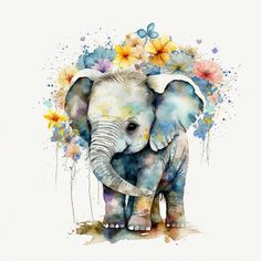 an elephant with flowers on its head is standing in front of a white background and watercolor