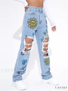 Lasaky - Vintage High-Waisted Distressed Denim Jeans: Straight-Leg Pants with a Fashionable Loose Fit Baggy Jeans For Spring, Spring Non-stretch Ripped Flare Jeans, Baggy Distressed Bottoms For Spring, Distressed Baggy Bottoms For Spring, Spring Baggy Distressed Bottoms, Spring Distressed Baggy Bottoms, High Rise Distressed Pants For Spring, Spring High Rise Distressed Pants, Trendy Distressed Summer Jeans