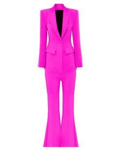 Pink Fitted Pantsuit, Pink Fitted Trousers Pantsuit, Pant Suits, Belted Blazer, Color Fuchsia, Wool Blend Jacket, Denim Blazer, Fuchsia Color, Flared Pants