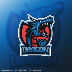 a blue and red dragon logo with the word dragon on it's chest, in front of a blue background