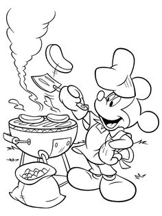 mickey mouse cooking food on the grill coloring pages for kids, printable and coloring