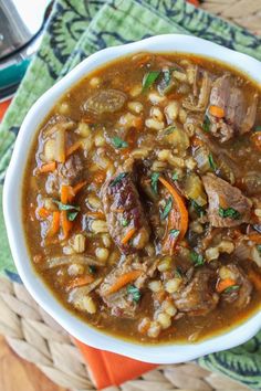 Crockpot Beef Barley Soup from The Food Charlatan. Lovingly simmered on the stove or in the crock pot to produce the richest Beef Barley Soup recipe I've ever tasted. Shredded carrots and potatoes give it a fabulous, thick texture and tender chunks of beef, fluffy potatoes, and perfectly cooked barley make it so hearty and filling. This recipe for beef barley soup is the perfect throw-and-go recipe. Just 15 minutes to prep and it's ready to go! A cozy family favorite for winter! Soup Zucchini, Soup Slow Cooker, Beef Barley, Beef Barley Soup, Barley Soup, Soup And Stew, Slow Cooker Soup