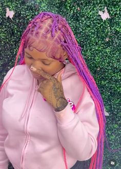 Multiple Color Braids, Different Styles To Dye Your Hair, Pink Purple Blonde Hair, Cute Color Combinations For Braids, Light Pink Knotless Braids, Dyed Box Braids, Purple Braids Hairstyles, Purple Soft Locs, Purple And Pink Braids