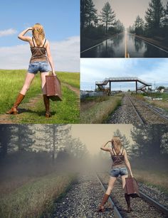 the woman is standing on train tracks with her suitcase and hat in hand, she is posing for photoshopping