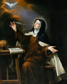 a painting of a nun sitting at a table with a bird flying over her head