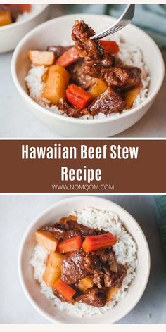 two bowls filled with beef stew and rice