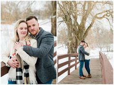 an engaged couple hugging on a bridge in the snow