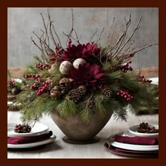 Burgundy And Blue Christmas Decor, Natural Christmas Arrangements, Holiday Greens Arrangements, Evergreen Table Decor, Large Christmas Centerpieces For Table, Christmas Arrangements Rustic, Table Xmas Centerpieces, Burgundy Christmas Table Decor, Christmas Table Flower Arrangements