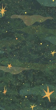 an image of stars in the sky with green and gold paint on it's surface