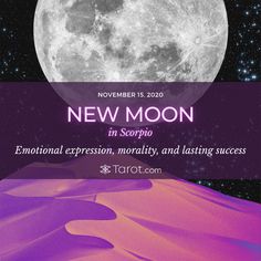 the new moon in scorpio is shown with an image of a purple and pink desert