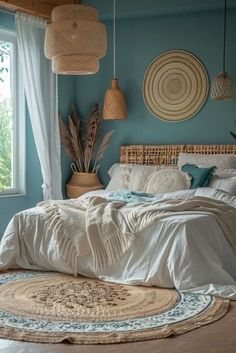 a bed room with a neatly made bed and two hanging baskets on the wall above it