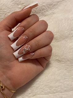 Cute Pink Nail Ideas For Acrylics, Square French Tip Acrylic Nails With Jewels, Yk2 Nails Medium, Cute Dimond Nails, Prom Nails Acrylic Bling, White Nails With Cross Rhinestones, Extra Square Acrylic Nails, French Tip Nails With Saturn Charm, Y2k New Years Nails