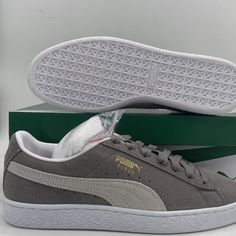 Puma Suede Classic Xxi Grey White Low Top Sneakers New With Box Puma Slip-on Sneakers For Streetwear, Puma Logo Slip-on Sneakers For Streetwear, Casual Puma Sneakers For Jogging, Casual Puma Sneakers With Logo, Casual Slip-on Sneakers With Puma Logo, Gray Puma Sneakers For Sports, Gray Sporty Puma Sneakers, Sporty Gray Puma Sneakers, Puma Sneakers Womens