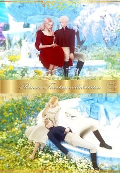 two people sitting on a bench in front of flowers and trees with the caption romantic fantasy collection