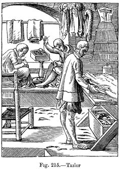 an old fashioned drawing shows two men working in a sewing machine, while another man looks on