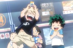 an anime scene with two people eating food and one person holding up a cell phone