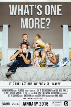 the movie poster for what's one more?, which features four children sitting on a bed