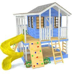 a child's play house with slide and climbing wall in the front, on white background