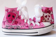 Custom Painted Pink Chucks with a Skullie Girl Goth Design. with Rhinestone crystals, These are one of my top selling Custom Sneakers, Converse Hi Tops designs. I can do these in a number of color combinations and can tweak the design custom for you! What a FUNKY shoe! Complete with crystal bling! No Two shoes are ever alike. So your shoes will be OOAK to a T. The possibilities are endless! This listing is for women sizes. I can do them in children sizes as well, please contact me for details as Converse For Girls, Painted Converse High Tops, Hot Pink Converse, Pink Chucks, Painted Converse, High Top Chucks, Girl Skull, Painted Sneakers, Gothic Shoes