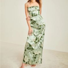 In Tea Garden Frankie Silk Dress, Floral Bridesmaid Dresses, Ankle Length Dress, Reformation Dress, Silky Dress, Tea Garden, Green Floral Dress, Reformation Dresses, Silk Maxi Dress