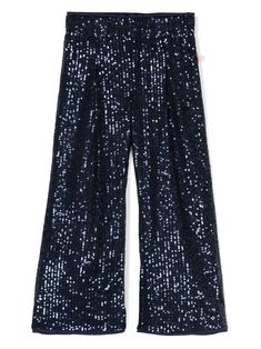 blue sequin embellishment mini logo tag elasticated waistband mid-rise wide leg straight hem Blue Sequined Bottoms For Party Season, Embellished Wide Leg Summer Bottoms, Embellished Wide Leg Bottoms For Summer, Blue Sequined Wide Leg Bottoms, Glamorous Blue Sequined Pants, Trendy Wide Leg Sequined Bottoms, Trendy Wide Leg Sequin Pants, Blue Full-length Wide Leg Pants For Party, Blue Wide-leg Party Pants