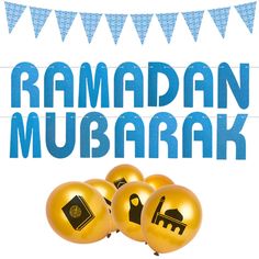 an advertisement for ramam mubarak with gold balloons and bunting on the side