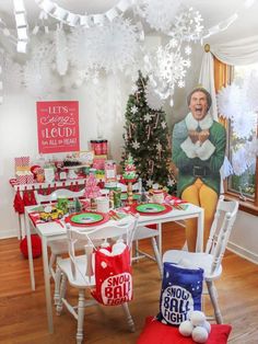 a christmas themed party with decorations and gifts