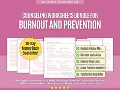 the printable worksheet bundle for burnout and prevention includes 30 day money back guarantees