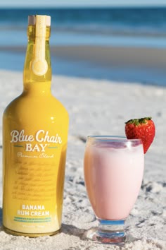 a bottle of blue chair bay banana rum and a strawberry drink