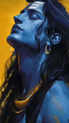 an artistic painting of a woman with blue skin and gold jewelry on her neck, looking up at the sky