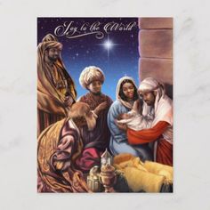 a christmas card with three wise men and baby jesus in the manger, surrounded by sheeps